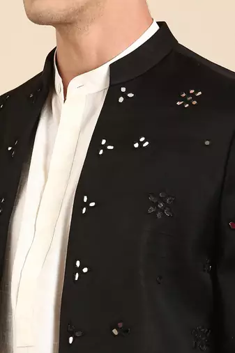 Black mirror emb crush silk long open jacket