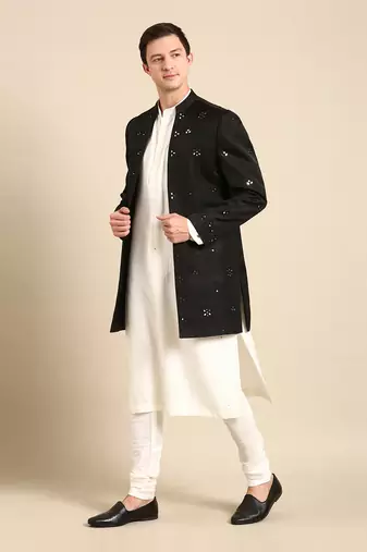 Black mirror emb crush silk long open jacket
