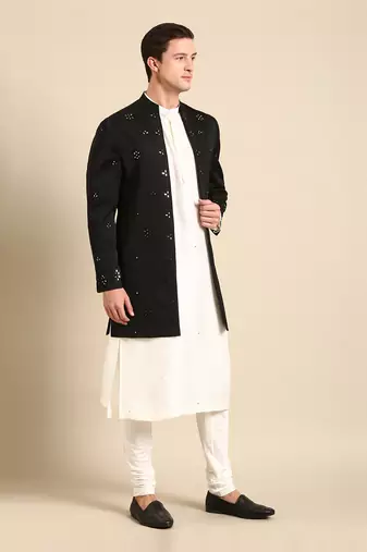 Black mirror emb crush silk long open jacket