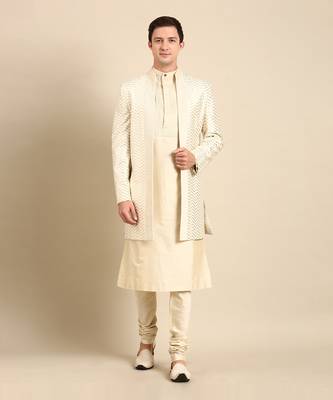 Ivory chanderi silk long open jacket 1