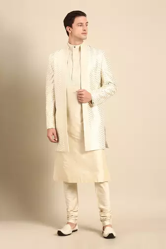 Ivory chanderi silk long open jacket