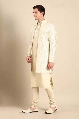 Ivory chanderi silk long open jacket