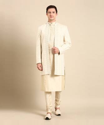 Ivory silk jacquard long open jacket 1