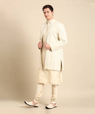 Ivory silk jacquard long open jacket 4