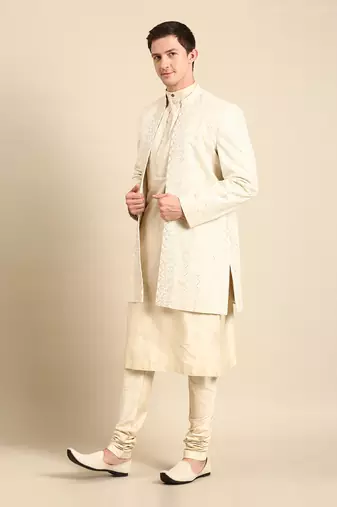 Ivory silk jacquard long open jacket