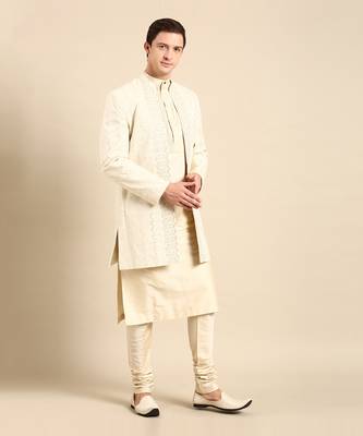Ivory silk jacquard long open jacket 5