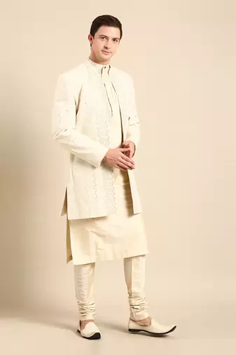 Ivory silk jacquard long open jacket