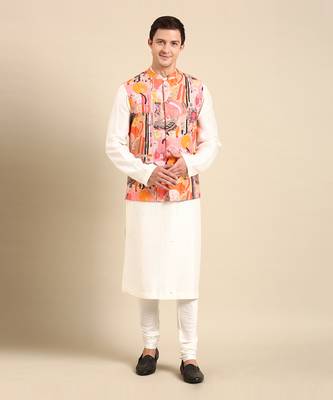 Pink & orange muslin digital print modi jacket 1