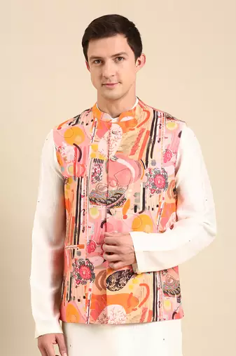 Pink & orange muslin digital print modi jacket