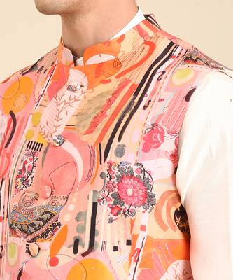 Pink & orange muslin digital print modi jacket 3
