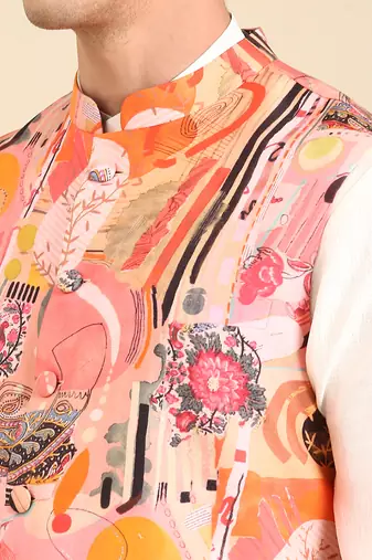 Pink & orange muslin digital print modi jacket