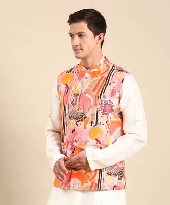Pink & orange muslin digital print modi jacket 4