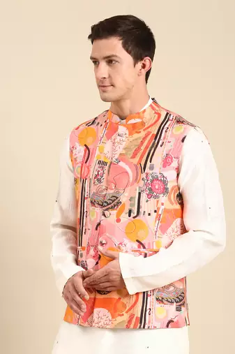 Pink & orange muslin digital print modi jacket