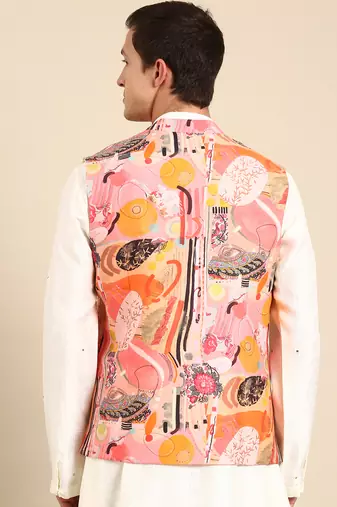 Pink & orange muslin digital print modi jacket