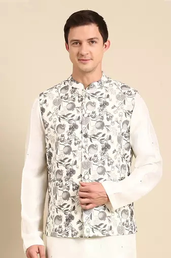 Grey & cream muslin dgital print modi jacket