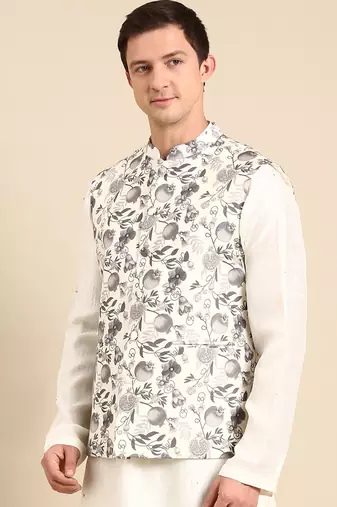 Grey & cream muslin dgital print modi jacket
