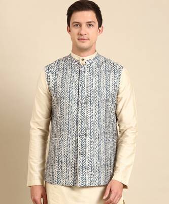 White & blue muslin dgital print modi jacket 2