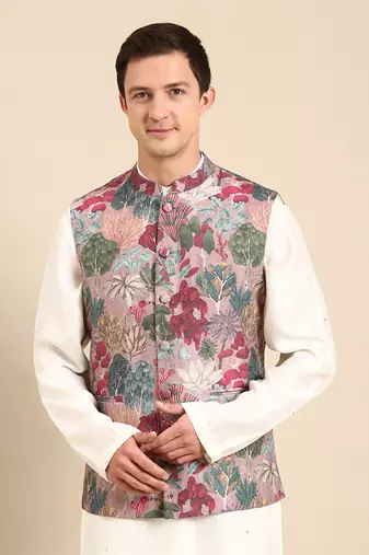 Salmon pink muslin digital print modi jacket