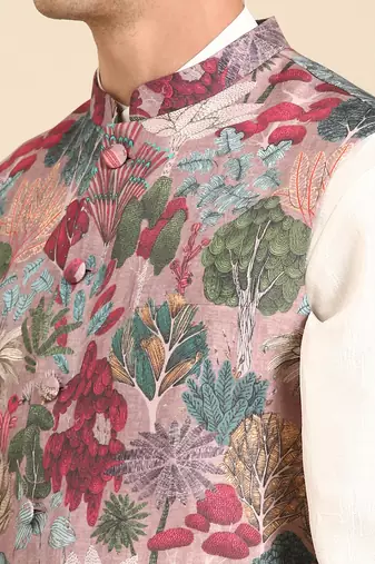 Salmon pink muslin digital print modi jacket