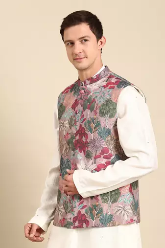 Salmon pink muslin digital print modi jacket