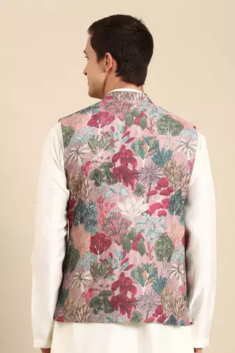 Salmon pink muslin digital print modi jacket
