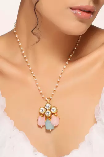 Multicolour gold tone kundan pendant with chain