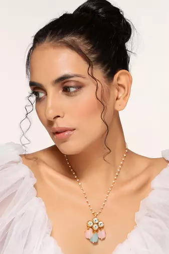 Multicolour gold tone kundan pendant with chain