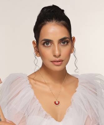 Red gold tone polki pendant with chain 3