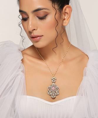 Pink silver tone victorian polki pendant with chain 2
