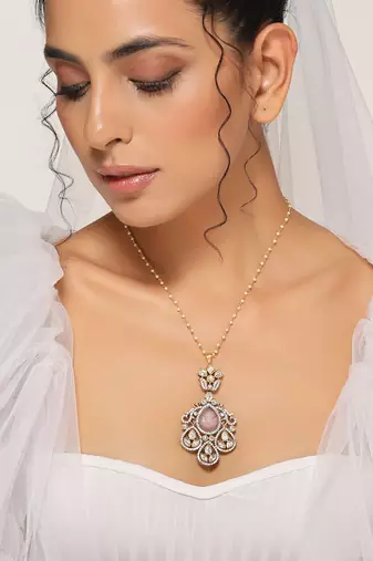 Pink silver tone victorian polki pendant with chain