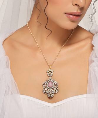 Pink silver tone victorian polki pendant with chain 3