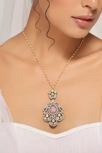 Pink silver tone victorian polki pendant with chain