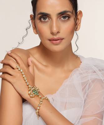 Green gold tone kundan hathphool 1