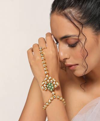 Green gold tone kundan hathphool 2