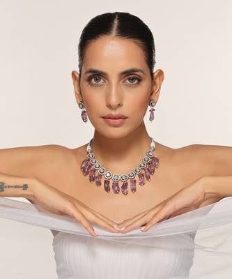 Purple silver tone zirconia necklace set 1