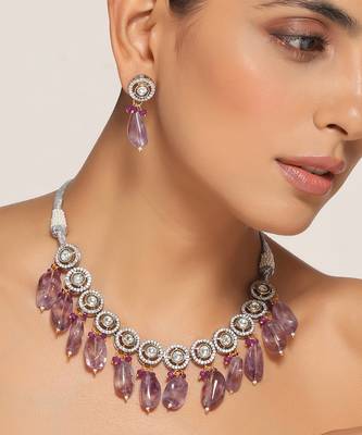 Purple silver tone zirconia necklace set 2