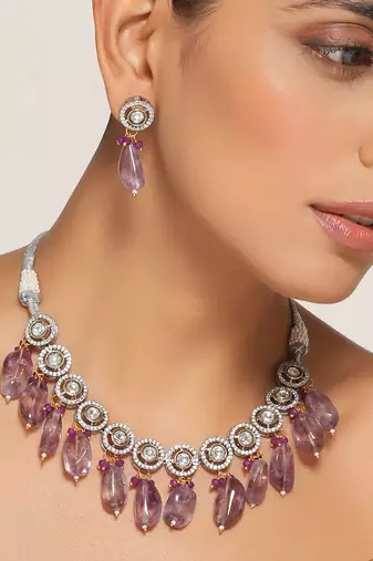 Purple silver tone zirconia necklace set