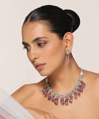 Purple silver tone zirconia necklace set 3