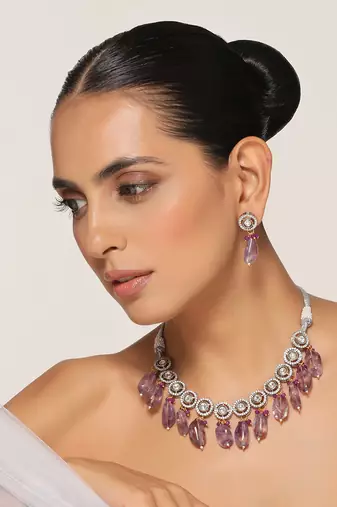 Purple silver tone zirconia necklace set