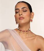 Red gold tone kundan and pearl choker set