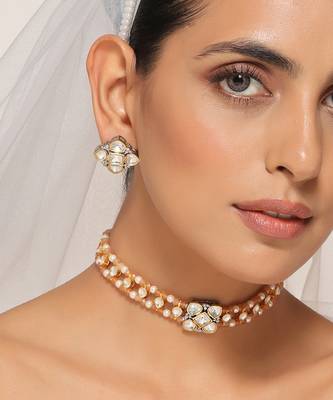 Silver tone polki choker necklace set 2