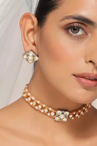 Silver tone polki choker necklace set