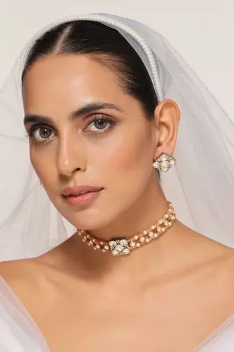 Silver tone polki choker necklace set