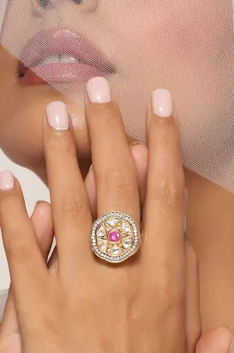 Pink gold tone kundan ring