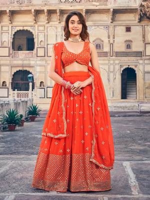 Orange Sequine Embroidered Work Georgette Fabric Wedding Lehenga Choli With Dupatta Semi Stitched. 1