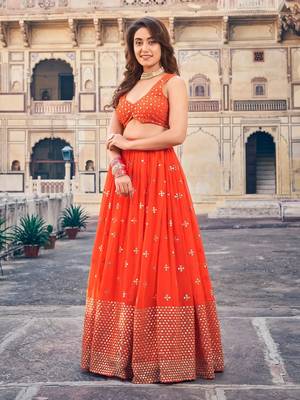 Orange Sequine Embroidered Work Georgette Fabric Wedding Lehenga Choli With Dupatta Semi Stitched. 2