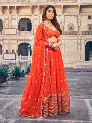 Orange Sequine Embroidered Work Georgette Fabric Wedding Lehenga Choli With Dupatta Semi Stitched. 3