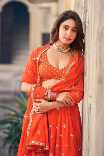 Orange Sequine Embroidered Work Georgette Fabric Wedding Lehenga Choli With Dupatta Semi Stitched.