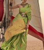 Parrot Green Satin Handloom Jacquard Woven Saree With Blouse