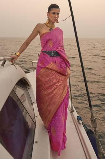 Hot Pink Satin Handloom Jacquard Woven Saree With Blouse